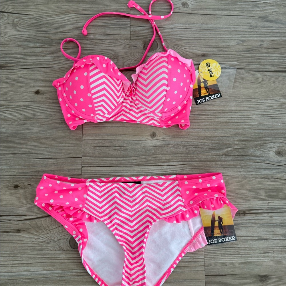 NWT Joe Boxer Bikini 2 Piece Bathing Suit Size Medium Swimwear Pink & White!